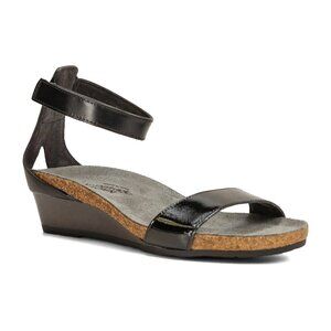 NAOT Pixie Patent Leather Low Wedge Sandals Ankle Strap Black Hook & Loop